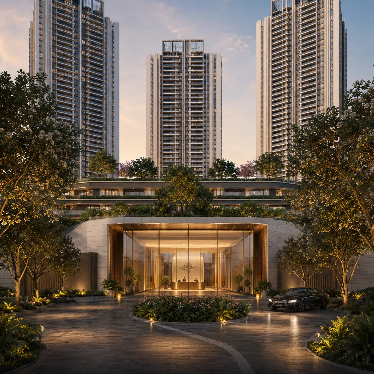 SNN Electronic City tree-lined arrival avenue and lobby by SNN Estates