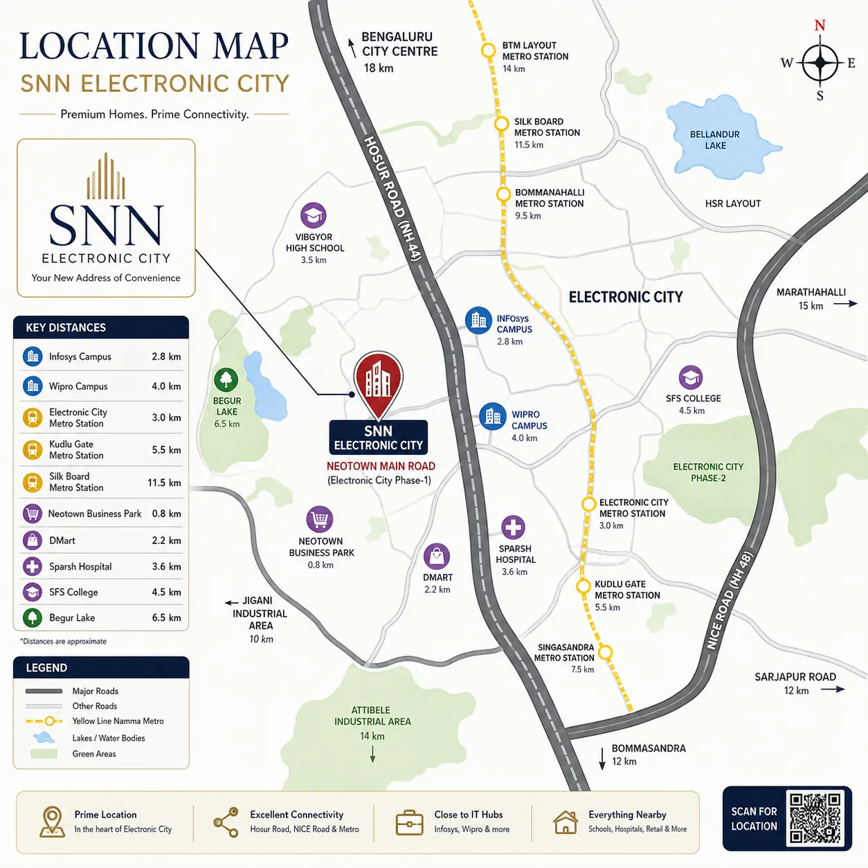SNN Electronic City location map on Neotown Main Road, Electronic City, South Bangalore