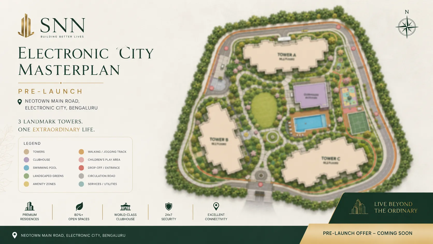 SNN Electronic City master plan showing three high-rise towers, basement parking, amenity decks and green open space
